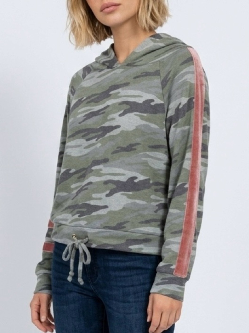 Vintage Havana Camo Hoodie Olive Green Pink Velvet Stripe Drawstring Hem Small